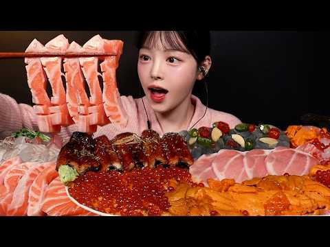 SUB)알캉쫀득 역대급 비쥬얼 연어 먹방!🍣참치뱃살 간장새우 성게알 장어까지 덮밥해먹기 해산물파티 Sashimi Seafood Mukbang Asmr thumbnail