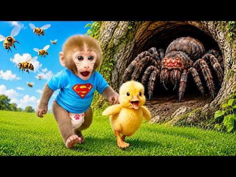 Monkey Baby Bon Bon and the tiny cat play in the park and rescue the duckling from a swarm of bees thumbnail