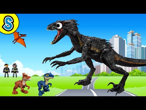 Indoraptor escapes playmobil Lab | Skyheart's dinosaurs for kids trex fight battle mattel toys thumbnail