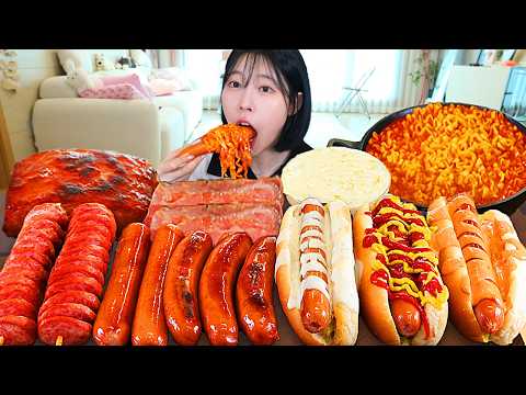 ASMR MUKBANG| 직접 만든 소세지 핫도그 불닭볶음면 먹방 & 레시피 SAUSAGES AND FIRE NOODLES EATING thumbnail
