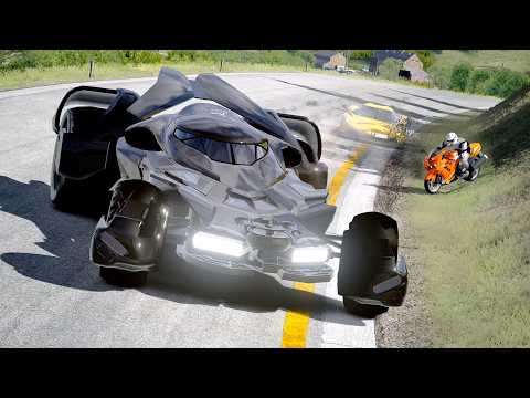 Koenigsegg Jesko Absolut vs Kawasaki Ninja ZX-14R vs Monster Batmobile at Old SPA thumbnail