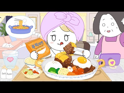 치즈 함박 스테이크 집밥 먹방! -  애니먹방 /  Cheese hamburg steak Mukbang! Animation ASMR /foomuk thumbnail