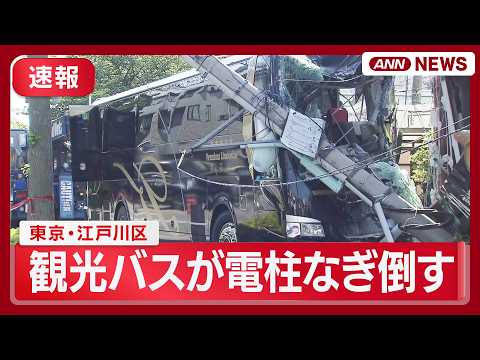 【現場の様子】観光バスが歩道に突っ込み電柱なぎ倒す  運転手の男性けが 東京・江戸川区【午前8時ごろ】(2026年5月14日) ANN/テレ朝 LIVE thumbnail