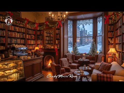 Warm Christmas Book Café Ambience ❄️Smooth Jazz, Cafe ASMR, Fireplace Sound to Relax, Study, Focus thumbnail