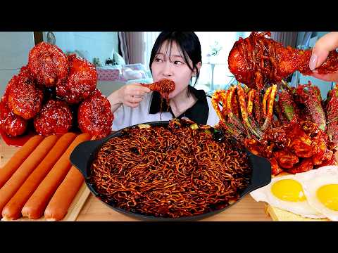 ASMR MUKBANG| 직접 만든 짜파게티 양념치킨 소세지 만두튀김 먹방 & 레시피 FRIED CHICKEN AND BLACK BEAN NOODLES EATING thumbnail