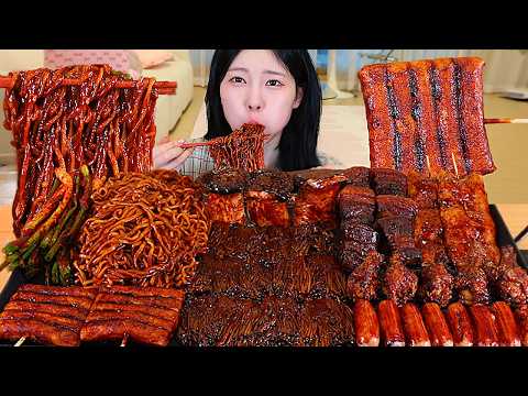 ASMR MUKBANG| 직접 만든 불닭 짜장 버섯 양념치킨 소세지 동파육 파김치 먹방 & 레시피 SPICY MUSHROOMS AND FIRE NOODLES EATING thumbnail