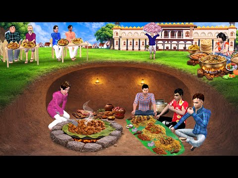 Cooking Mutton Lamb in Banana Leaves Underground Mutton Biryani Party Hindi Kahaniya Moral Stories thumbnail
