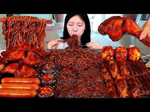 ASMR MUKBANG| 직접 만든 불닭 짜장 버섯 양념치킨 소세지 파김치 먹방 & 레시피 SPICY MUSHROOMS AND FIRE NOODLES EATING thumbnail