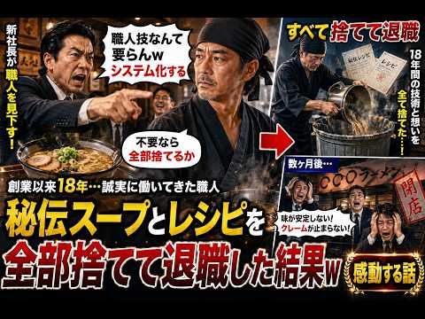 【アニメ】 創業以来18年、誠実に働いてきたラーメン職人の俺に新社長「職人技なんて要らんwシステム化する」俺「不要なら全部捨てるか」→秘伝スープとレシピを全部捨てて退職した結果w【感動する話】 thumbnail
