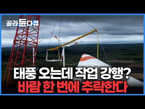까딱하면 크레인 덮쳐 대형 사고 난다. 태풍 몰아치는 80m 허공에서 7톤 날개와 사투 벌이는 작업자들｜석유 대신 바람이 돈이 되는 시대, 제주 풍력발전｜극한직업｜#골라듄다큐 thumbnail