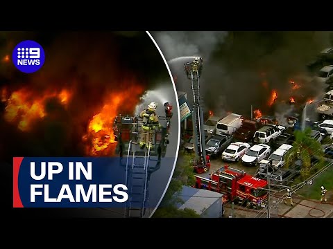 Residents ordered indoors as tyre business goes up in flames | 9 News Australia thumbnail