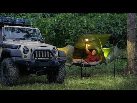 LAYFLAT Hammock Tent camping in the RAIN [ Cozy, Relaxing SOLO trip ] thumbnail