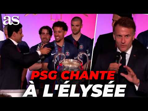 Le PSG CHAMPIONS d'Europe à l'Élysée: Marquinhos et Al-Khelaïfi lance un chant et la salle EXPLOSE thumbnail