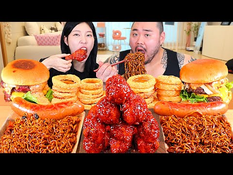 ASMR MUKBANG| 직접 만든 짜파게티 양념치킨 치즈버거 소세지 먹방 & 레시피 FRIED CHICKEN AND BLACK BEAN NOODLES EATING thumbnail