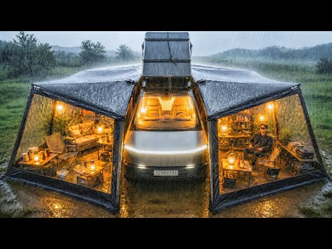 Camping in the Rain | 3 Rooms + Tent on Cyber Truck? thumbnail