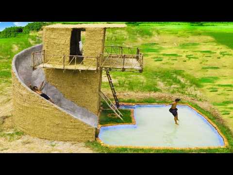 Build a large underground swimming pool and a clay house with a water slide surrounding the [Full] thumbnail