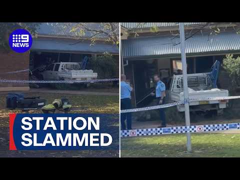 Man arrested after allegedly crashing car into police station | 9 News Australia thumbnail