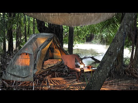 Cozy SOLO Camping in RAIN [ Tucked away in the Jungle right next to a creek, relaxing ASMR ] thumbnail