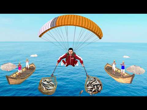 Paragliding Thief Stole Fish from Fishing Boat Hindi Kahaniya Moral Stories New Funny Comedy Video thumbnail