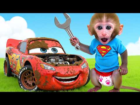 Monkey Baby Bon Bon is fixing a lightning mcqueen toy car and eating giant popcorn thumbnail