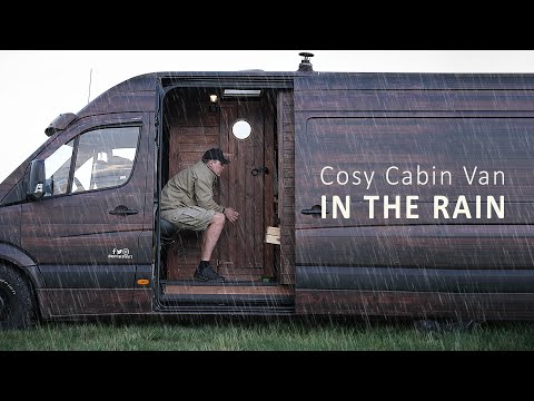 SOLO Van Camping in the RAIN [ Interesting Cabin Van with a Fireplace | Cozy Van Life ASMR ] thumbnail