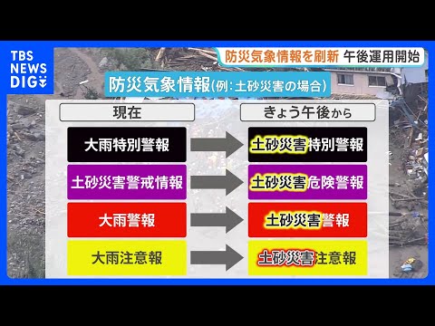 きょう大幅刷新…「警報」「注意報」などの防災気象情報　災害ごとに名称整理　警戒レベル4相当に「危険警報」新設　午後2時ごろから　気象庁｜TBS NEWS DIG thumbnail