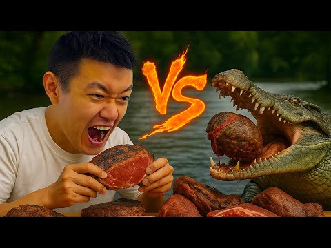 人跟鱷魚比賽吃肉！誰比較厲害？Humans and crocodiles compete in meat-eating! Who wins? thumbnail