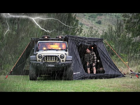 I camped in Heavy RAIN and Thunder STORMS sheltered under a Car Awning. Relaxing Solo Camping ASMR thumbnail