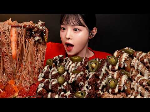 SUB)진짜 돼지파티! 단짠쫀득 고추마요 갈비에 칼집삼겹살 먹방 물비빔냉면 김치볶음밥까지 육식사관학교 꿀조합✨(ft.구독자이벤트) Mukbang Asmr thumbnail