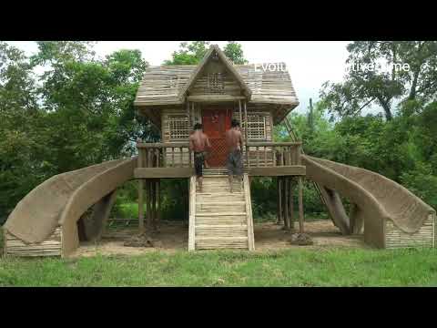 Real Life Survival 55 Days Build a hidden bamboo house with a slide and a private swimming pool thumbnail