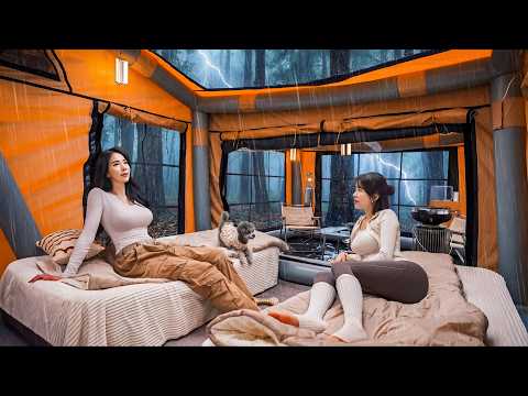 ☔️HEAVY RAIN CAMPING WITH MY SISTER IN A MASSIVE AIR TENT thumbnail
