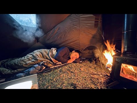 SOLO HOT TENT CAMPING | LIGHT RAIN & FIRE ASMR thumbnail