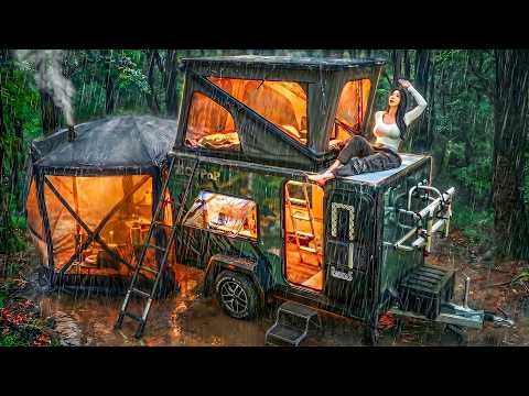 ☔️PEACEFUL RAINY CAMPING IN A NEW POP-UP CARAVAN thumbnail