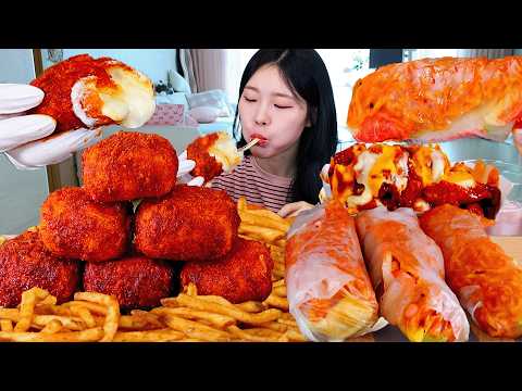 ASMR MUKBANG| 직접 만든 칠리스 치즈스틱 불닭 스프링롤 양념치킨 먹방 & 레시피 FRIED CHICKEN AND FIRE NOODLES EATING thumbnail