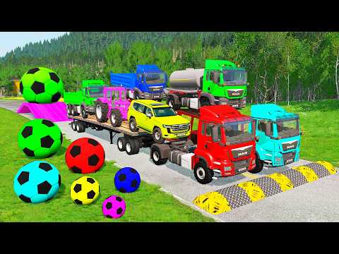 Flatbed Trailer McQueen Transportation with Truck - Speedbumps vs Cars vs Train - BeamNG.Drive #3 thumbnail