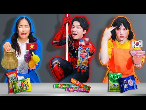 Cuộc Chiến Đồ Ăn Vặt Cổng Trường MỸ - VIỆT NAM - HÀN QUỐC |  Spider-Man chạm trán Tấm Cám, Búp Bê! thumbnail
