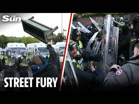 Thugs hurl bins, bottles & bricks in violent clash with riot cops at protest over Henry Nowak murder thumbnail