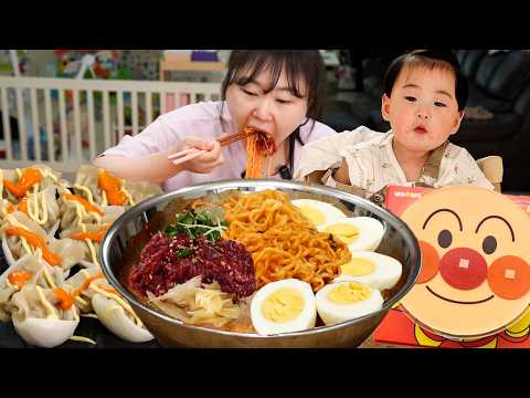 ?요즘 핫한 육회 불닭냉면, 만두 양파쌈 만들어 먹기?지훈이 닮은 호빵맨 케이크 디저트 먹방?MUKBANG thumbnail