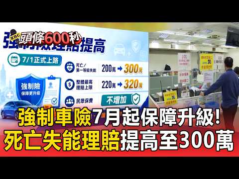 強制車險7月起保障升級！「死亡失能理賠」提高至300萬【頭條600秒】 thumbnail