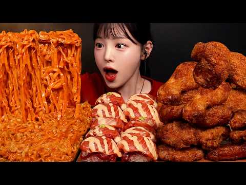 SUB)먹고싶은 거 다 먹는 돼지파티 2탄! 허니콤보에 까르보불닭 육회연어초밥 치즈돈까스까지 치킨 라면 꿀조합 Chicken & Buldak Mukbang Asmr thumbnail