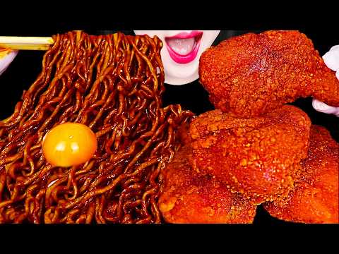 ASMR SPICY JUMBO CHICKEN, BLACK BEAN NOODLES 매운 점보 닭다리 치킨 짜파게티 먹방 MUKBANG, EATING thumbnail