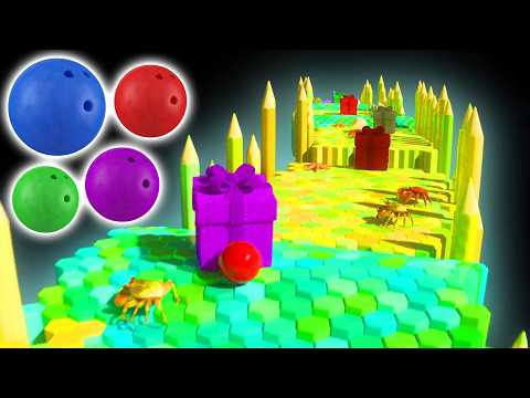 🌈🎳 Bowling Ball Bash Smash Adventure in Space Learn Colors Shapes Common Items with Kinetic Sand 🧸🔺✨ thumbnail