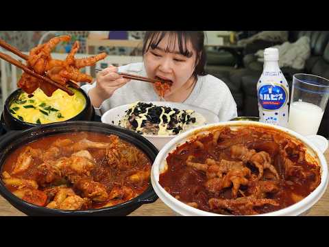 맵다 매워?엽기떡볶이 신메뉴 국물무뼈닭발과 엽기 닭볶음탕 먹방 참치마요 주먹밥과 계란찜은 필수! MUKBANG thumbnail