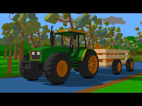 Construction and Use of Tractor with Trailer and Blue Carrot Harvester - Video for Kids thumbnail
