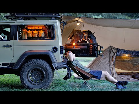 SOLO Car Camping in a GADGET Jeep [ Nearby Creek, Relaxing in the Rain Forest mountains, ASMR ] thumbnail