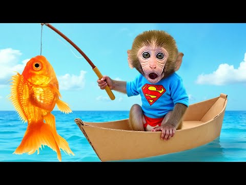 Monkey Baby Bon Bon with the Puppy build a cardboard boat to cross the water thumbnail