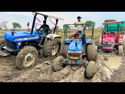 3 tractor Pulling together Mahindra Arjun NOVO 605 di 4wd Stuck in Mud |Eicher 485 | New Hollad 5500 thumbnail