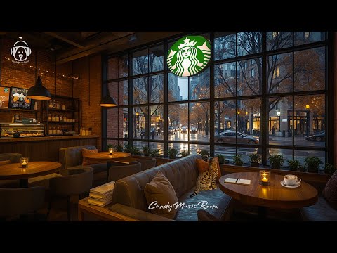 Starbucks Coffee Shop Ambience | Autumn Rain Night with Cafe ASMR, Relaxing Jazz & Rain Sounds thumbnail