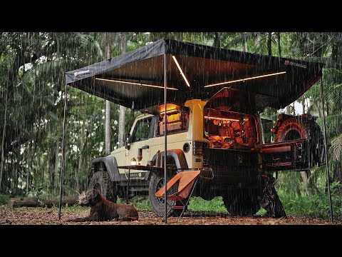 COZY SOLO Camping in Heavy Tropical RAIN [ Relax, Sleep and Eat under a modular Awning, ASMR ] thumbnail