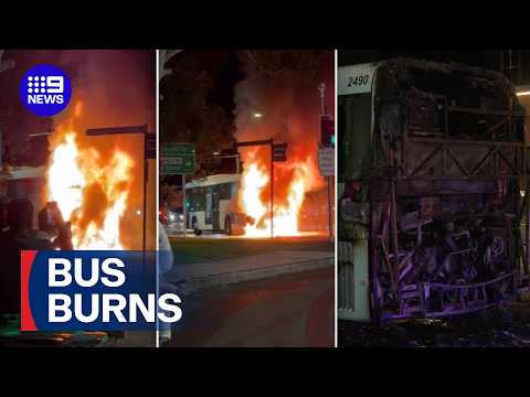 Passenger bus erupts in flames | 9 News Australia thumbnail
